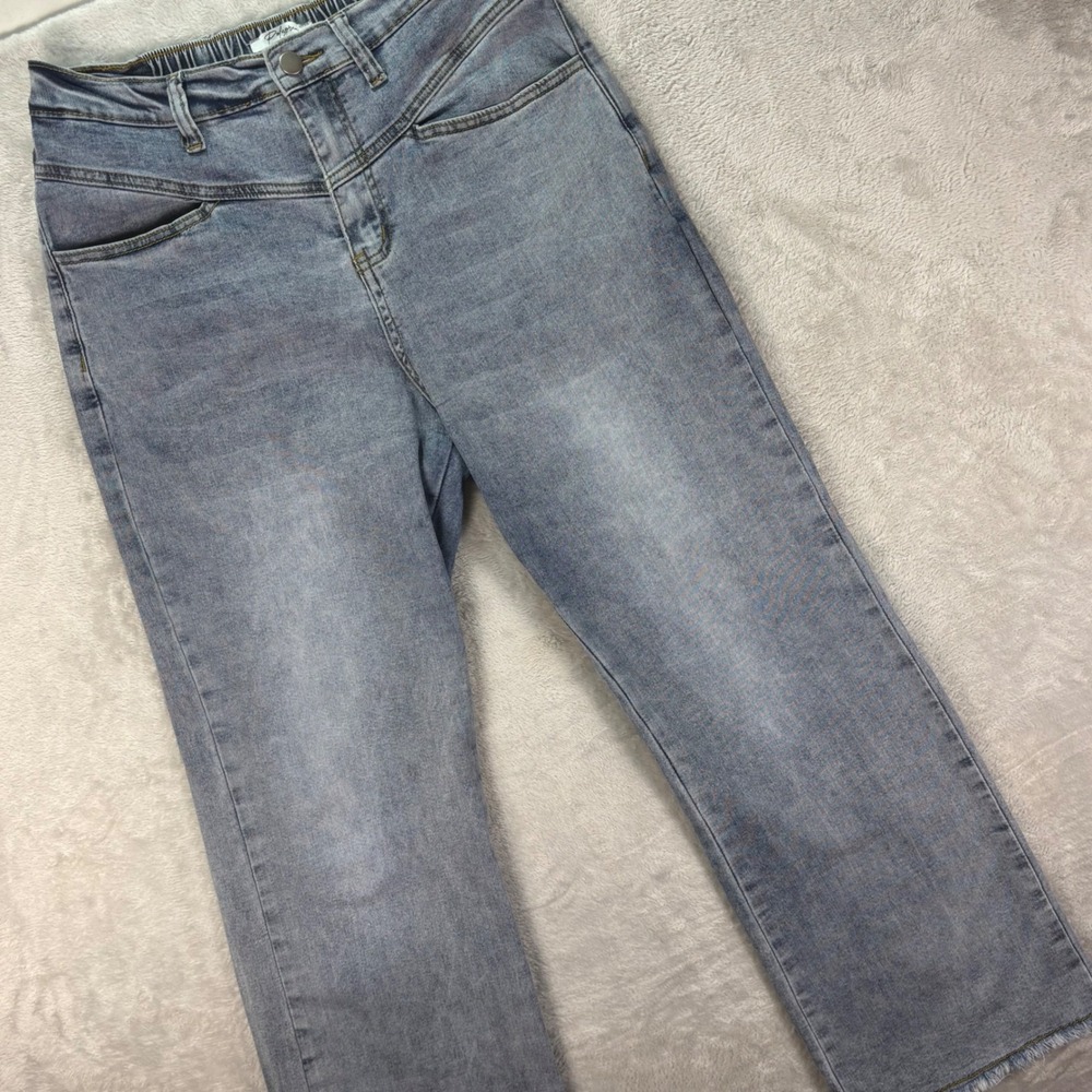 Polagram Women's Light Wash Wide Leg Jeans Frayed Hem Pull-On Sz L High Waisted